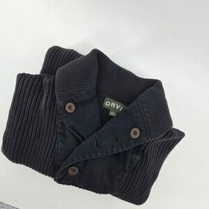 Orvis Cotton Sweater Mens Medium Blue Elbow Patch Preppy Academia Fisherman Knit